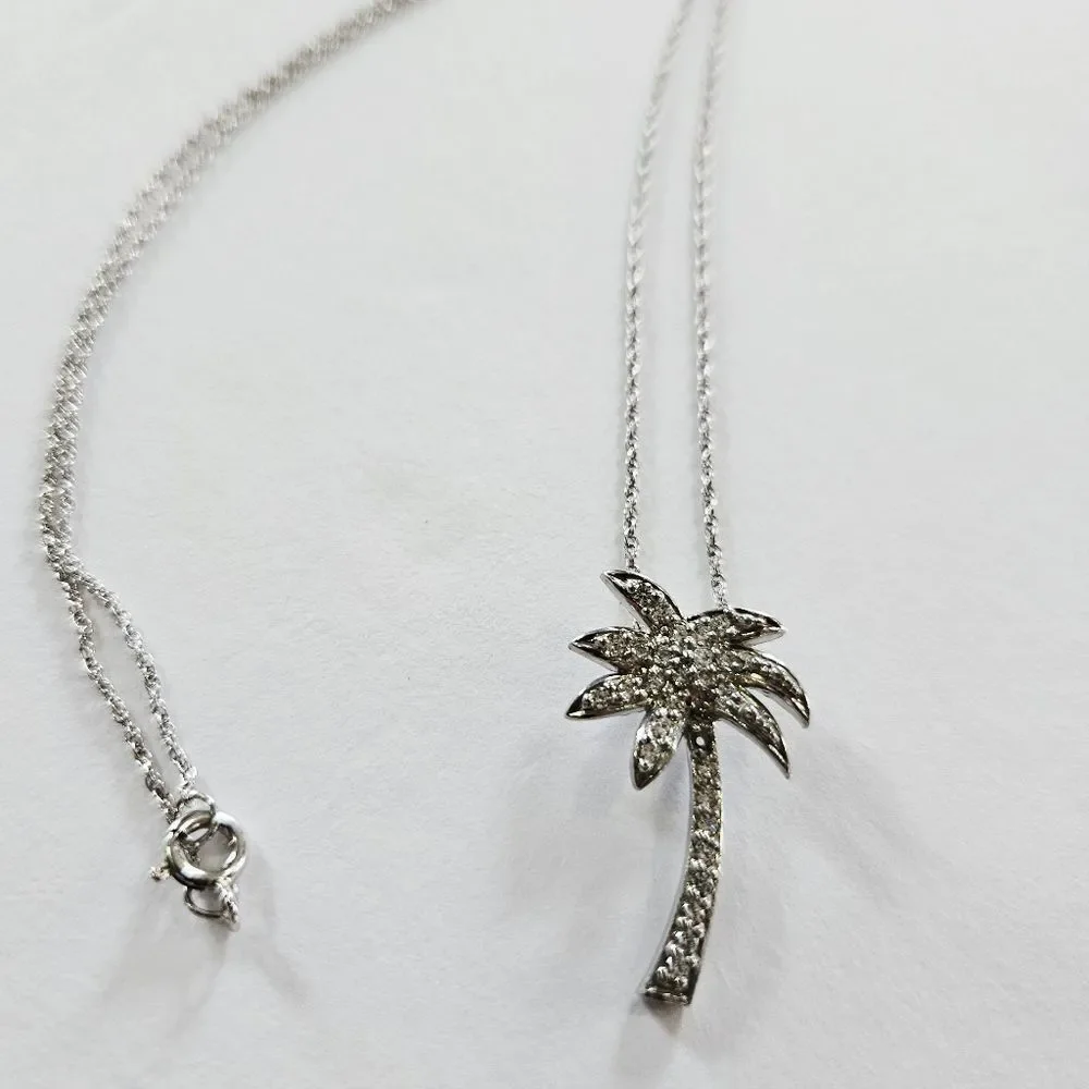Fine Arts Silver FAS 925 Sterling Silver Simulated Diamond Palm Tree Necklace